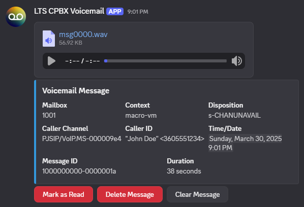 Voicemail message in discord
